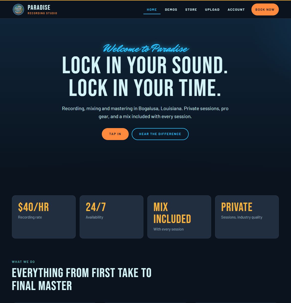 Paradise Recording Studio home page with rates and a booking button