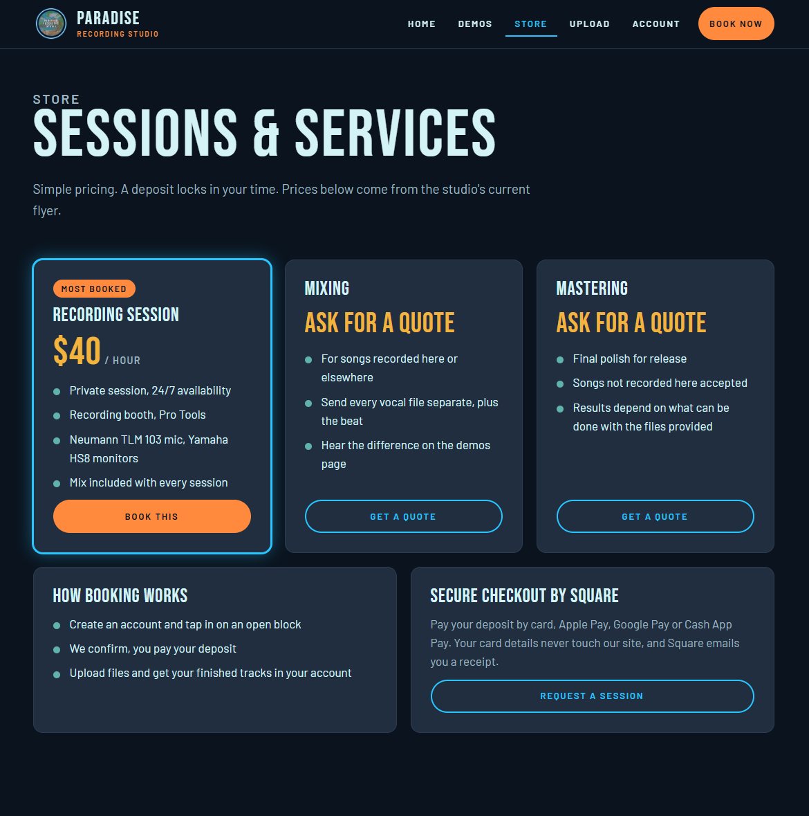 Paradise Recording Studio store page with session and service pricing