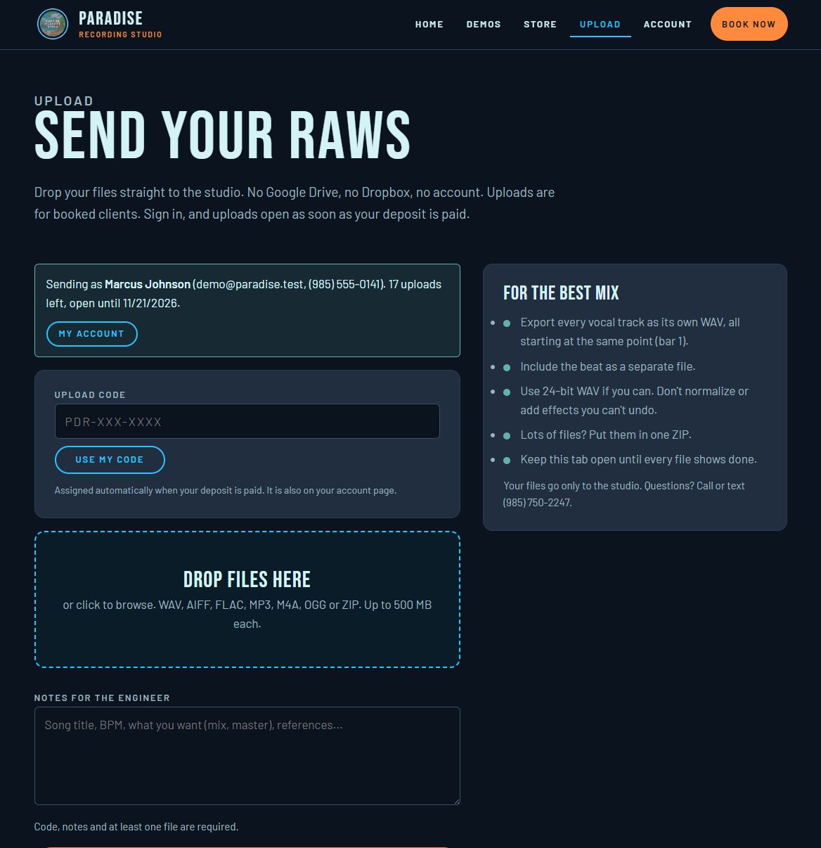 Paradise Recording Studio client upload page with a file drop area